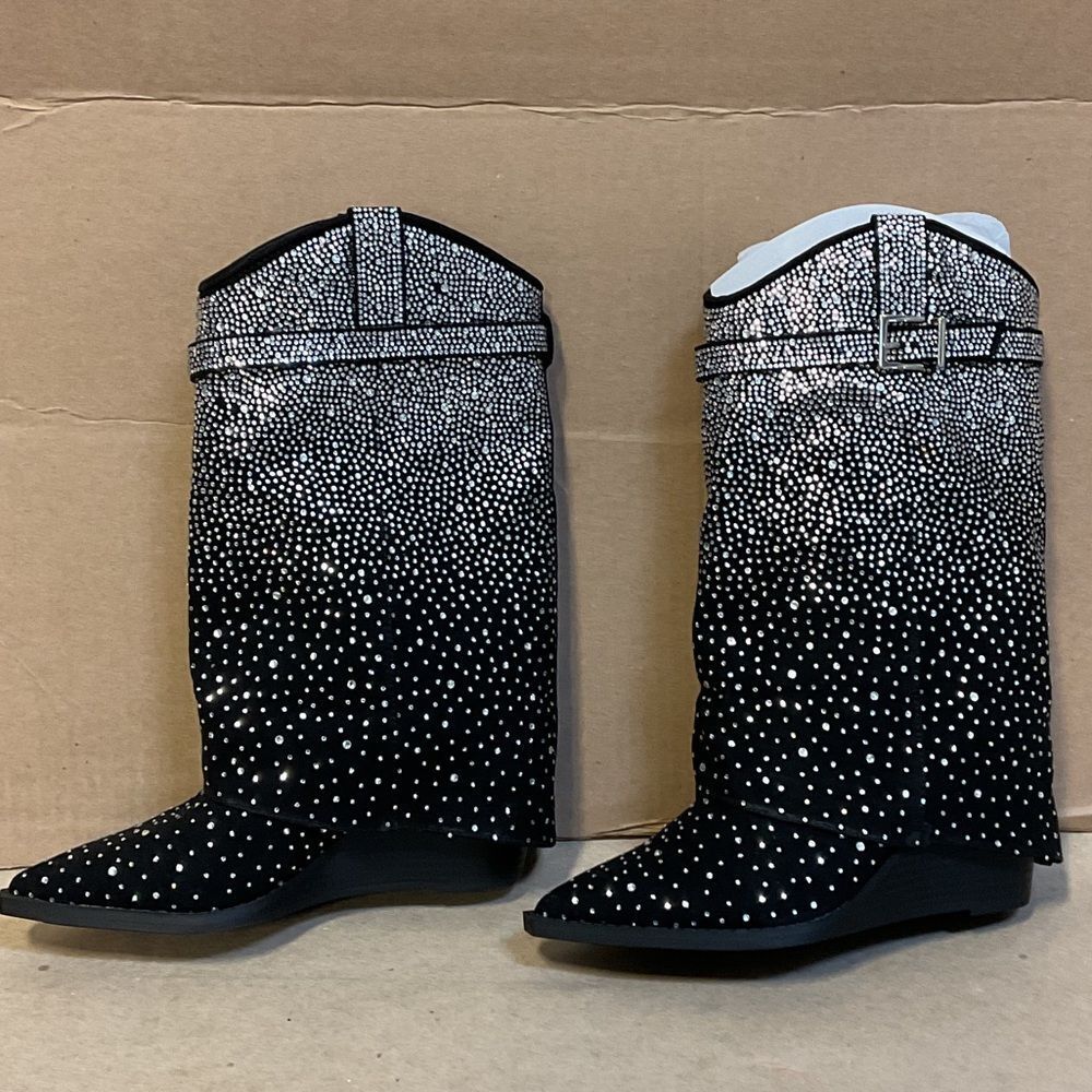 Madden Girl Black and White Rhinestone Heeled Boots - Picture 3 of 5